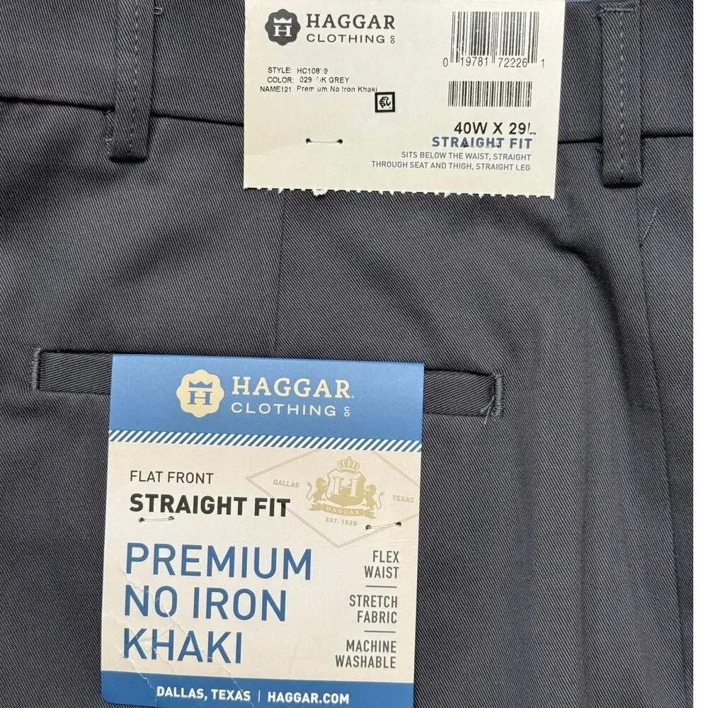 Haggar Men’s No Iron Straight-Fit Flat-Front Pants Dark GREY 40x29 $70
